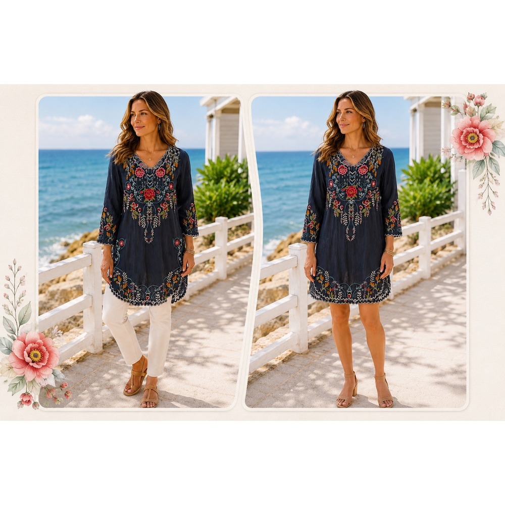 Johnny Was M Heavily Embroidered Tunic Dress Blue Floral Boho Cupra Rayon